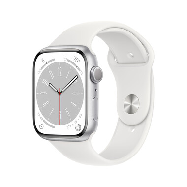 Apple Watch Series 8 GPS + Cellular, Aluminium silber, 45mm mit Sportarmband, weiß&gt;