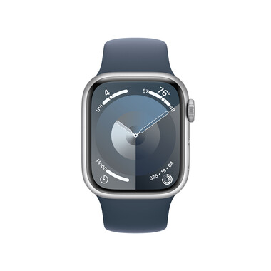 Apple Watch Series 9 GPS + Cellular, Aluminium silber, 41mm mit Sportarmband, sturmblau - M/L