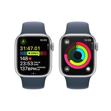 Apple Watch Series 9 GPS + Cellular, Aluminium silber, 41mm mit Sportarmband, sturmblau - M/L