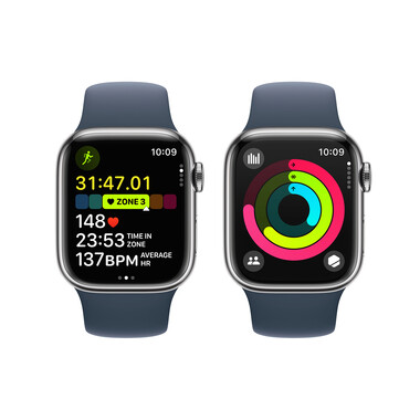 Apple Watch Series 9 GPS + Cellular, Edelstahl silber, 41mm mit Sportarmband, sturmblau - S/M