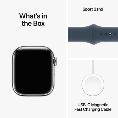 Apple Watch Series 9 GPS + Cellular, Edelstahl silber, 41mm mit Sportarmband, sturmblau - S/M