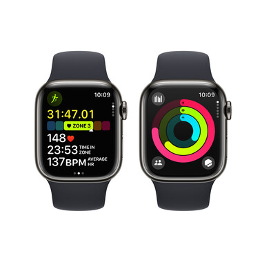 Apple Watch Series 9 GPS + Cellular, Edelstahl graphit, 41mm mit Sportarmband, mitternacht - M/L