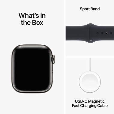 Apple Watch Series 9 GPS + Cellular, Edelstahl graphit, 41mm mit Sportarmband, mitternacht - M/L