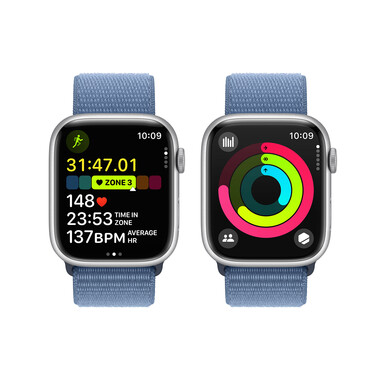 Apple Watch Series 9 GPS + Cellular, Aluminium silber, 45mm mit Sport Loop, winterblau