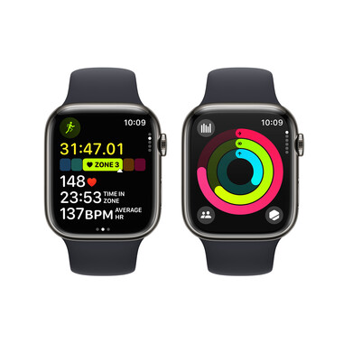 Apple Watch Series 9 GPS + Cellular, Edelstahl graphit, 45mm mit Sportarmband, mitternacht - M/L